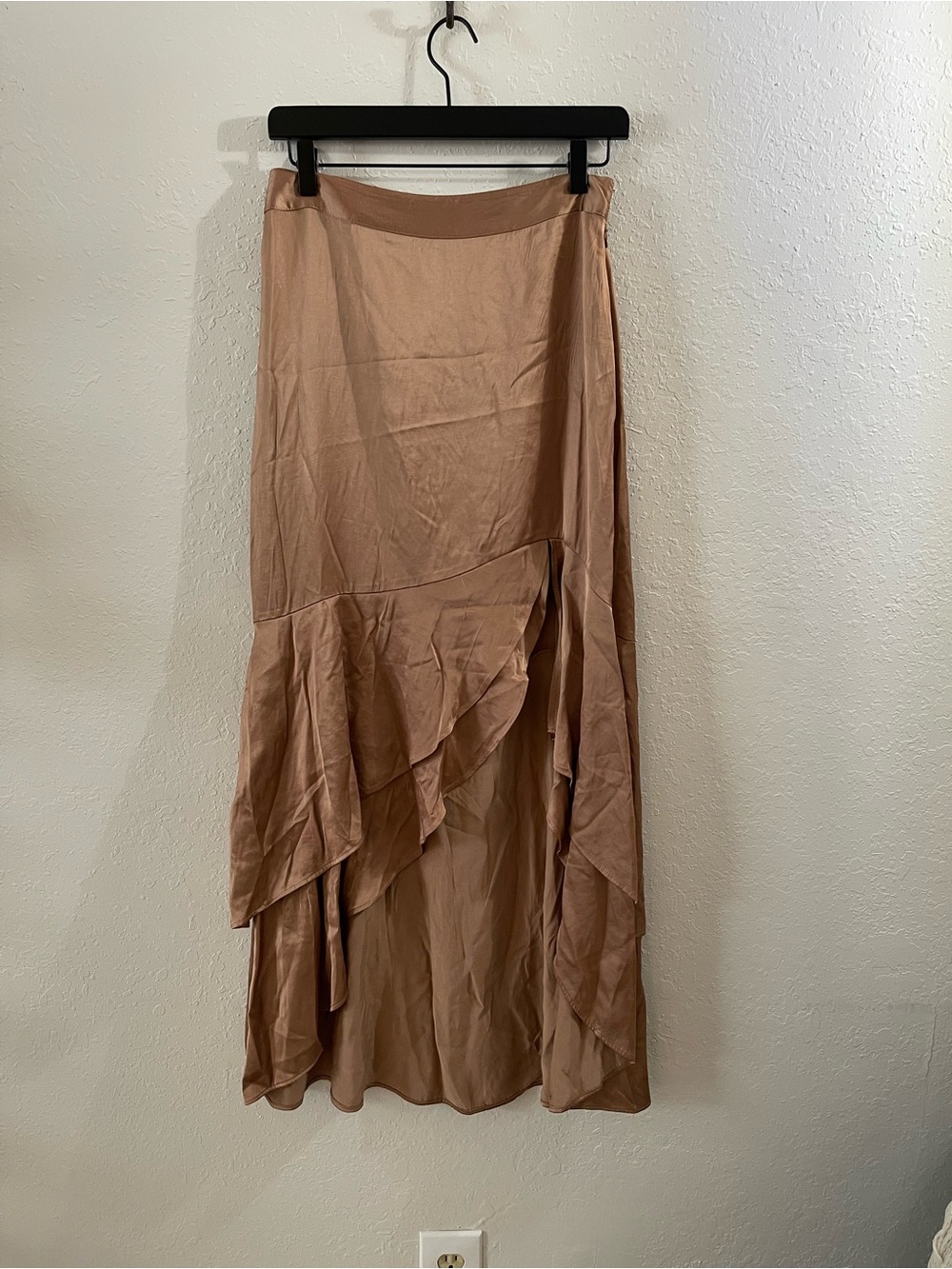 Express Satin High-Low Ruffle Skirt in golden beige